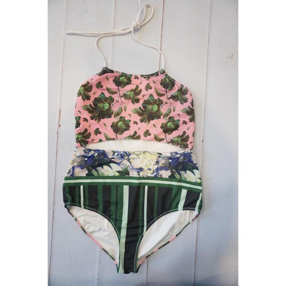 Clover Canyon Swim Multicolor One-Piece Cut-Out Halter Swimsuit, Size S